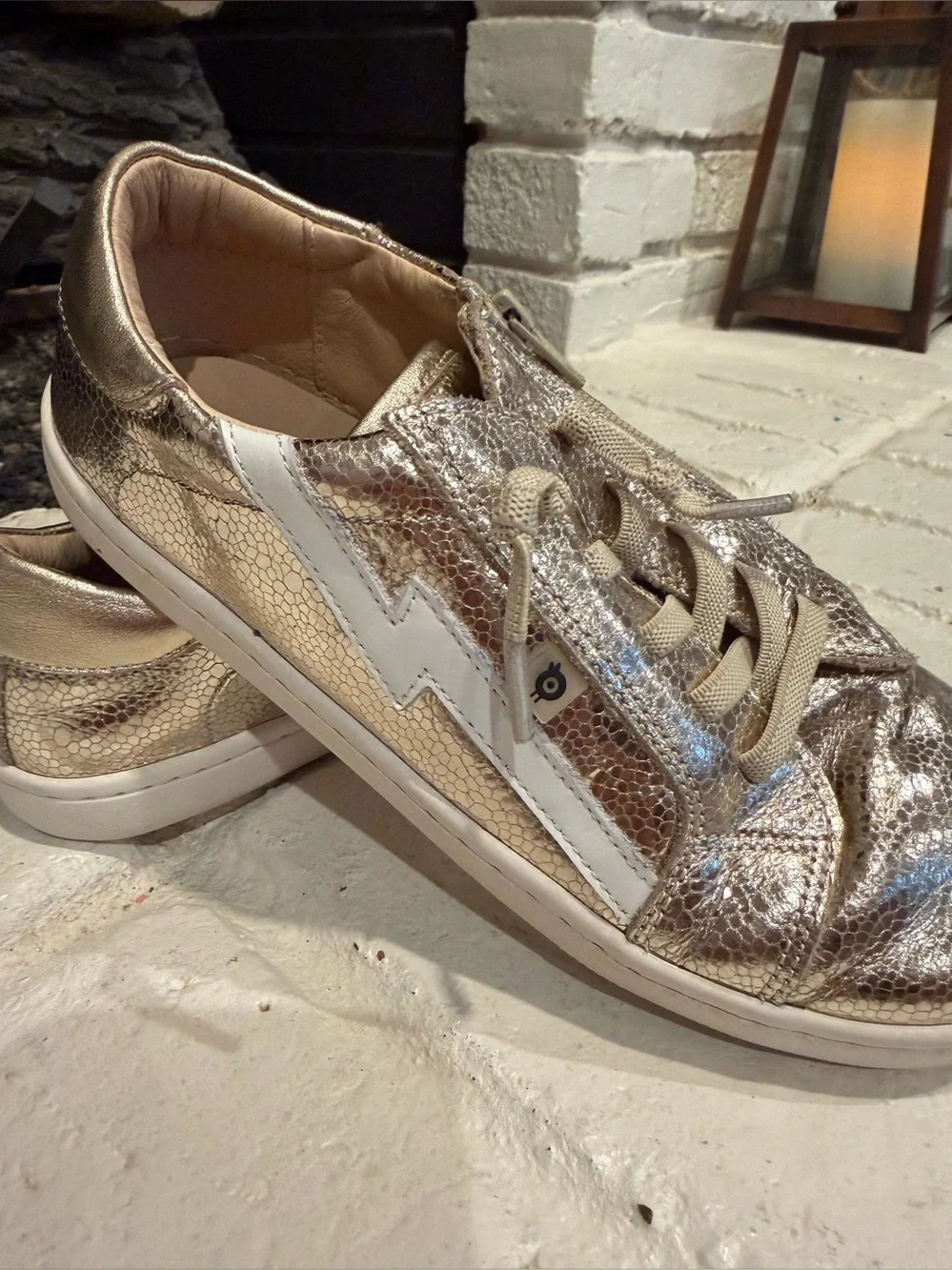 Girls Metallic Gold Lace-Up Sneakers with White Accent